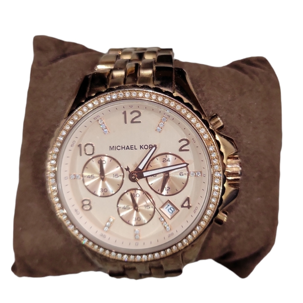 New With Tags In Box Michael Kors Rose Gold Chronograph Crystal Watch MK5425